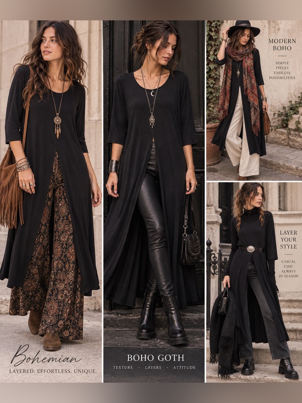 Bohemian Layered Open-Front Tunic - Black